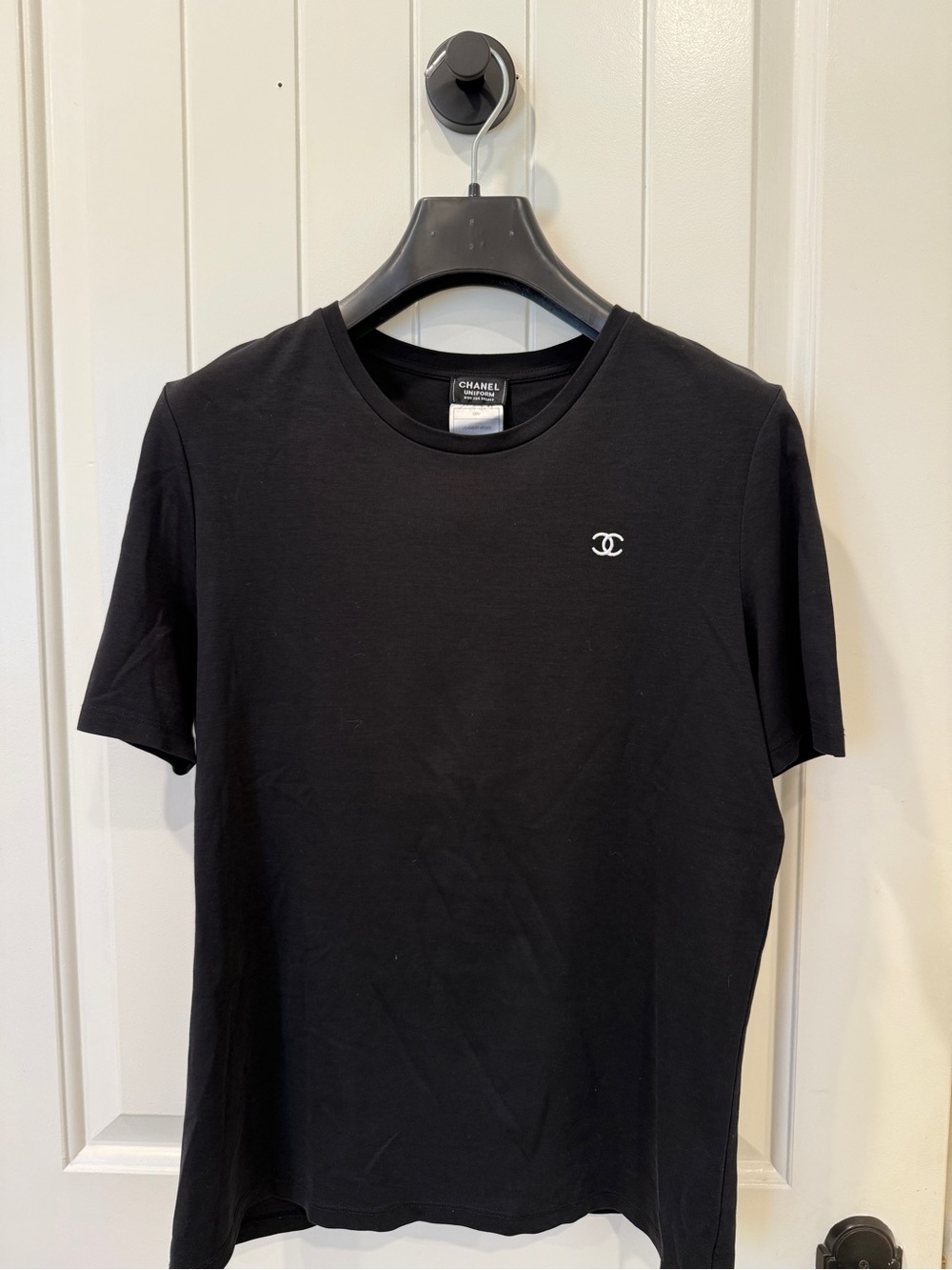 CHANEL Uniform Black Short Sleeve Tee with White CC Emblem